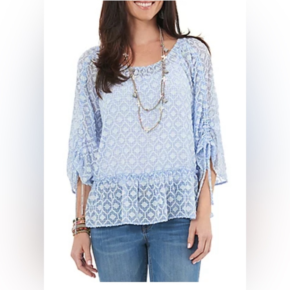 Democracy Flounce Hem Drawstring Sleeve  Semisheer Blouse XL